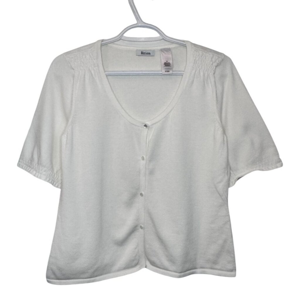 Liz & Co. white ruched shoulders short sleeves button front cardigan size M